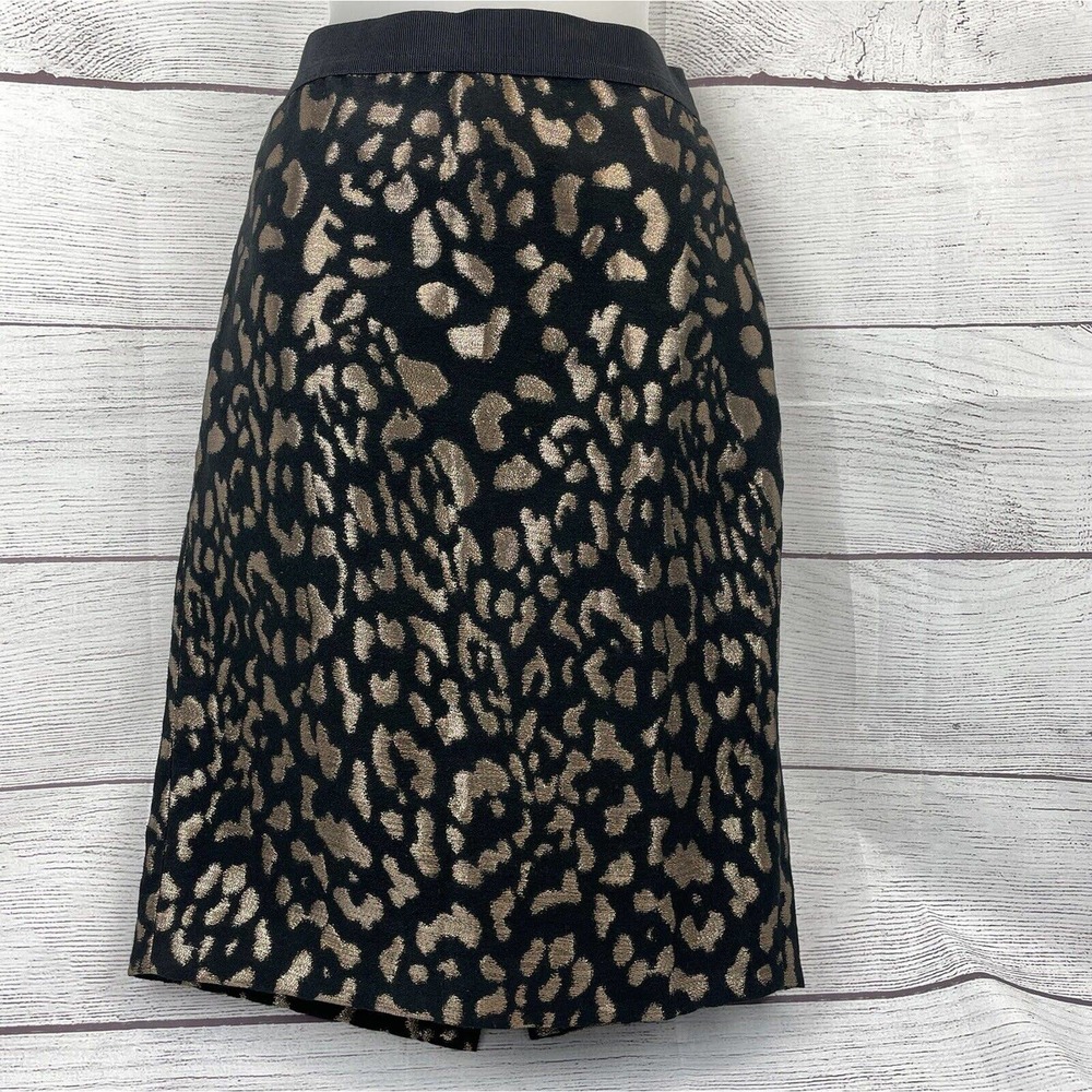 Ann Taylor Black Metallic Gold Leopard Animal Prints Pencil Skirt Size 6